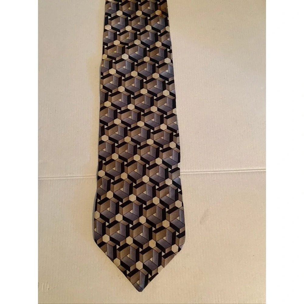 Carlo Palazzi Couture Silk Tie Brown Grey Geometric 3D Cube Pattern Mens USA